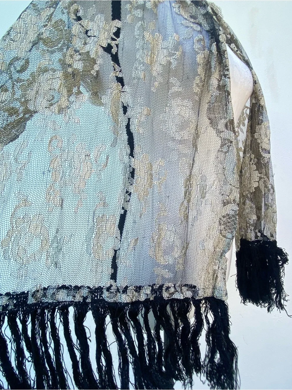Vintage Gold Lace & Black Mesh Fringe Scarf
